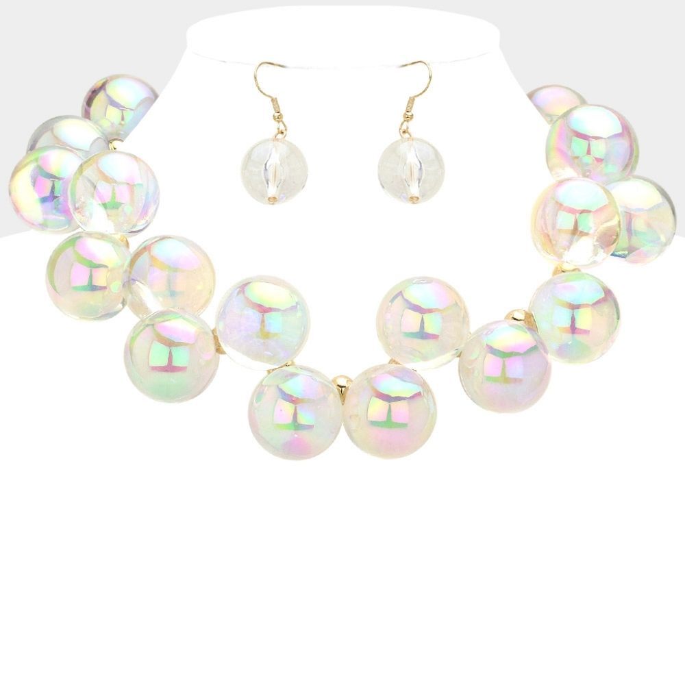 Clear Iridescent Ball Necklace Set Chunky Bubble Beaded Fun Statement Jewelry